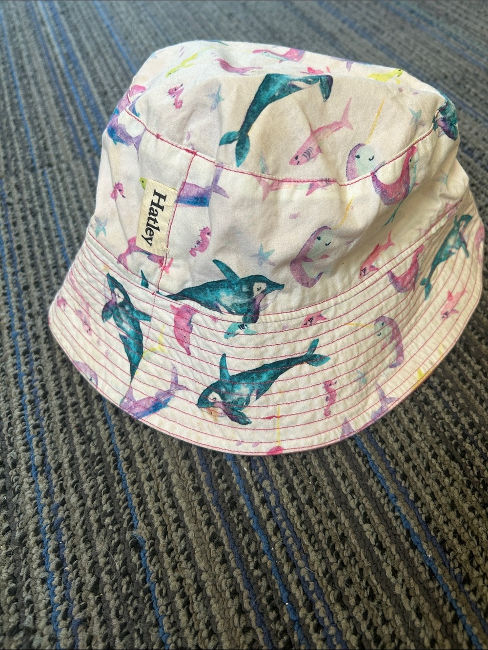 Hatley Reversible Bucket Hat with Pink & Teal Whale Print GUC